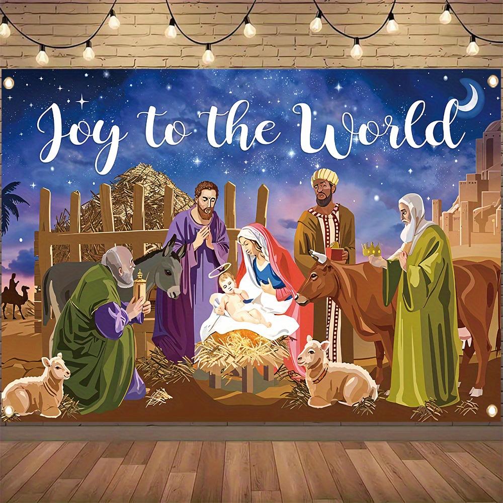 1 piece   Merry Christmas  decorative banner  polyester  pattern of the birth scene of Jesus in the manger  winter party 100x150cm