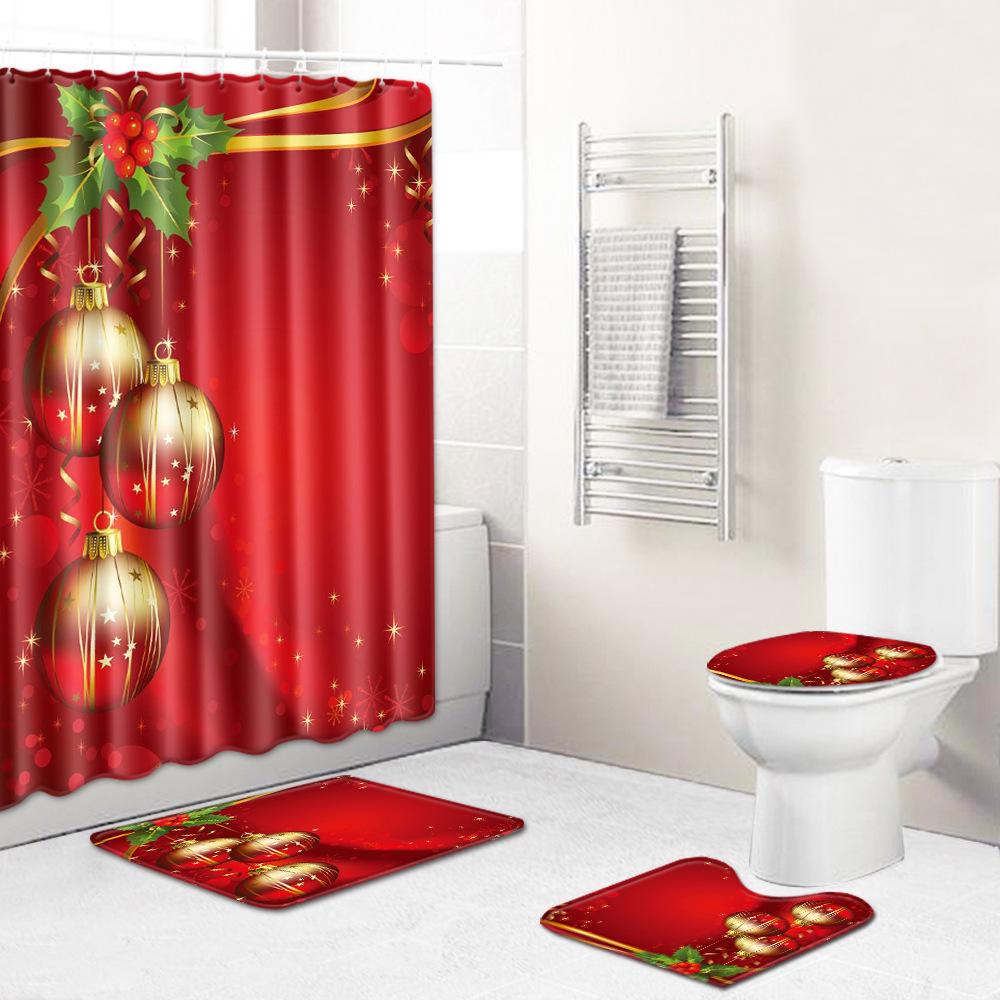Christmas Toilet Seat Shower Curtain Four-Piece Printed Floor Mat Set Bathroom Floor Mat Bedroom Absorbent Door Mat Carpet