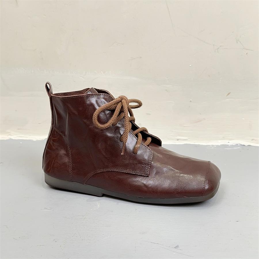 Johnature Bottines Plates Courtes Rétro Cuir Véritable Bout Carré Lacets Bottines Femme