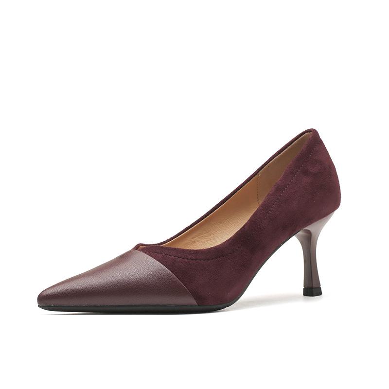 French retro chestnut V-mouth leather splicing high heels stiletto pointed temperament elegant suede banquet single shoes women
