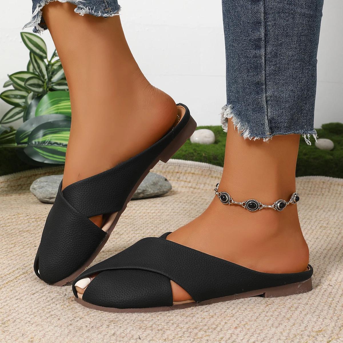 

Fashion Women Slippers 2025 New Summer Sandals Half-Dragged Soft Sole Shoes Fashionable Versatile Women Slippers Outdoor Slides Women 43 чёрный