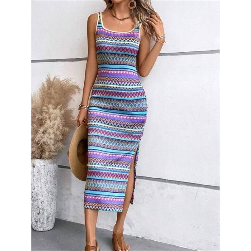 Street Fashion Casual Randig Ärmlös Fyrkantig Krage Klänning Dam