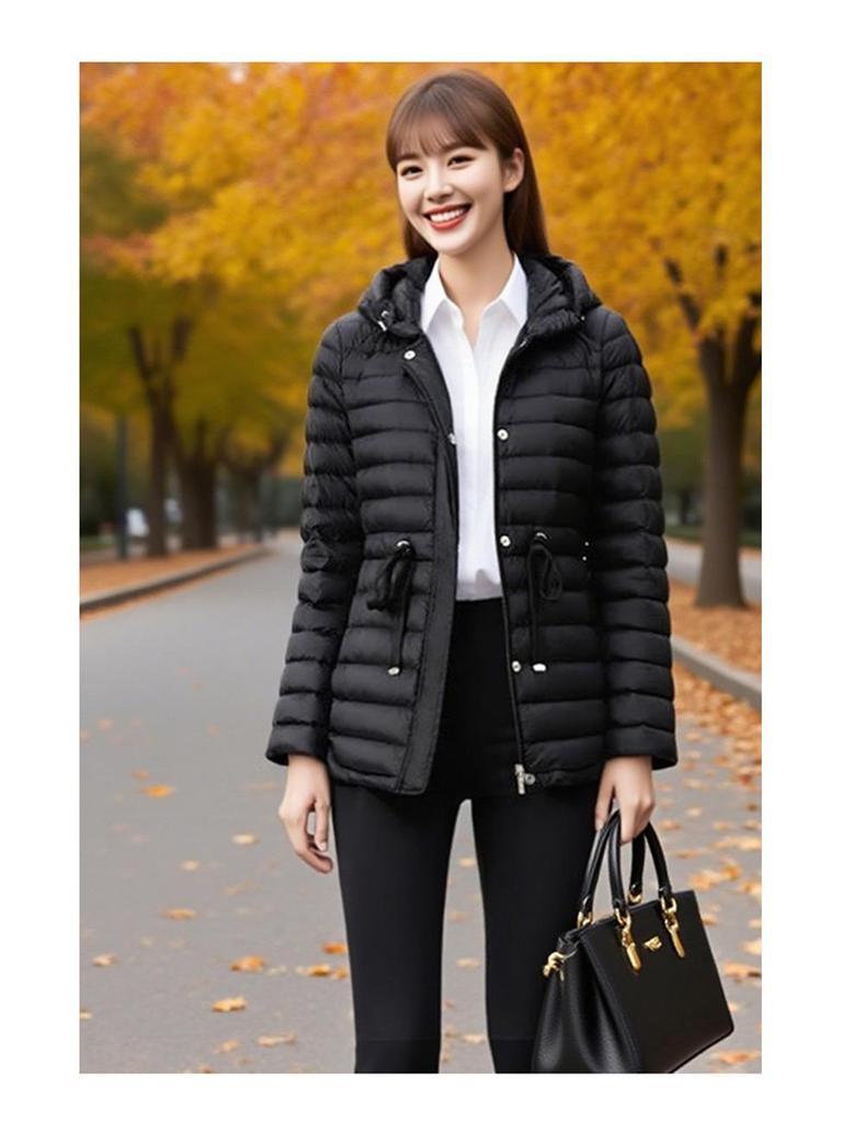 Women's Tie-Waist Hooded Down Jacket - Long Sleeve, Loose Fit, Lightweight, White Duck Down Outerwear 2025