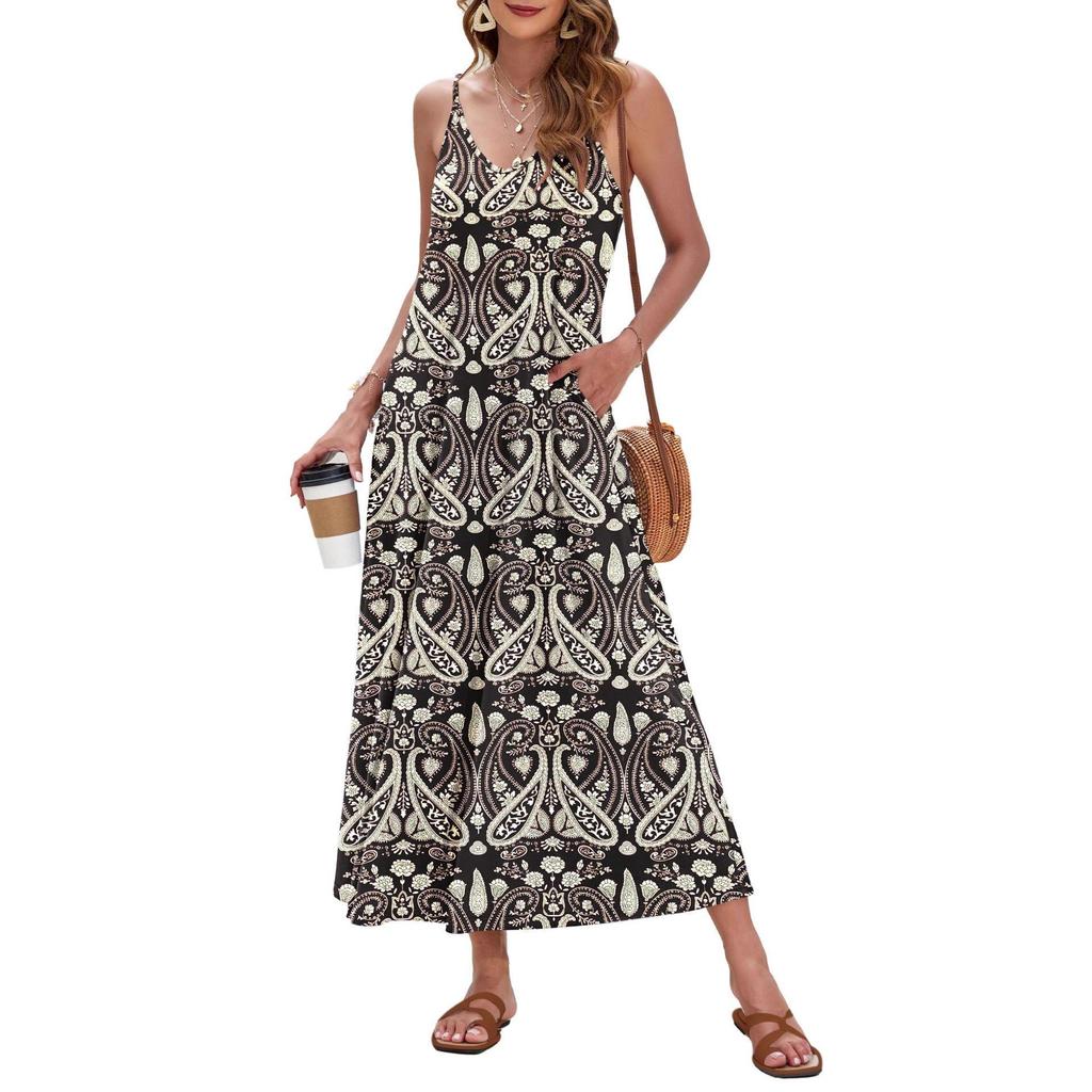 2026 Elegant European & American Spaghetti Strap Long Printed Dress with Pockets