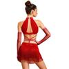 Damen Latin Dance Fransenkleid Cutout Ärmellos Träger Taille Quasten Saum Paillettenkleid mit Langen Handschuhen
