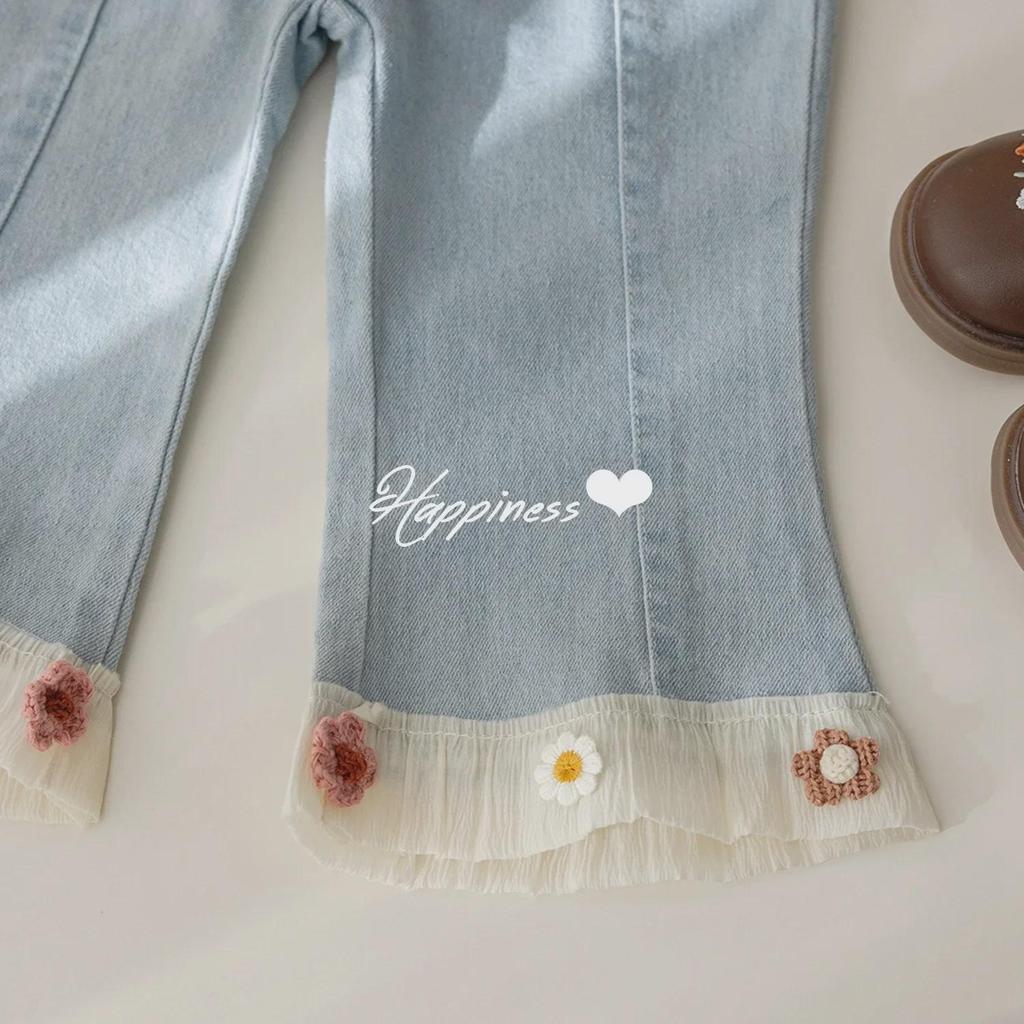 Stylowe dżinsy z koronką z szerokimi nogawkami typu dzwony dla dziewczynek - Wiosenno-jesienne spodnie z szerokimi nogawkami