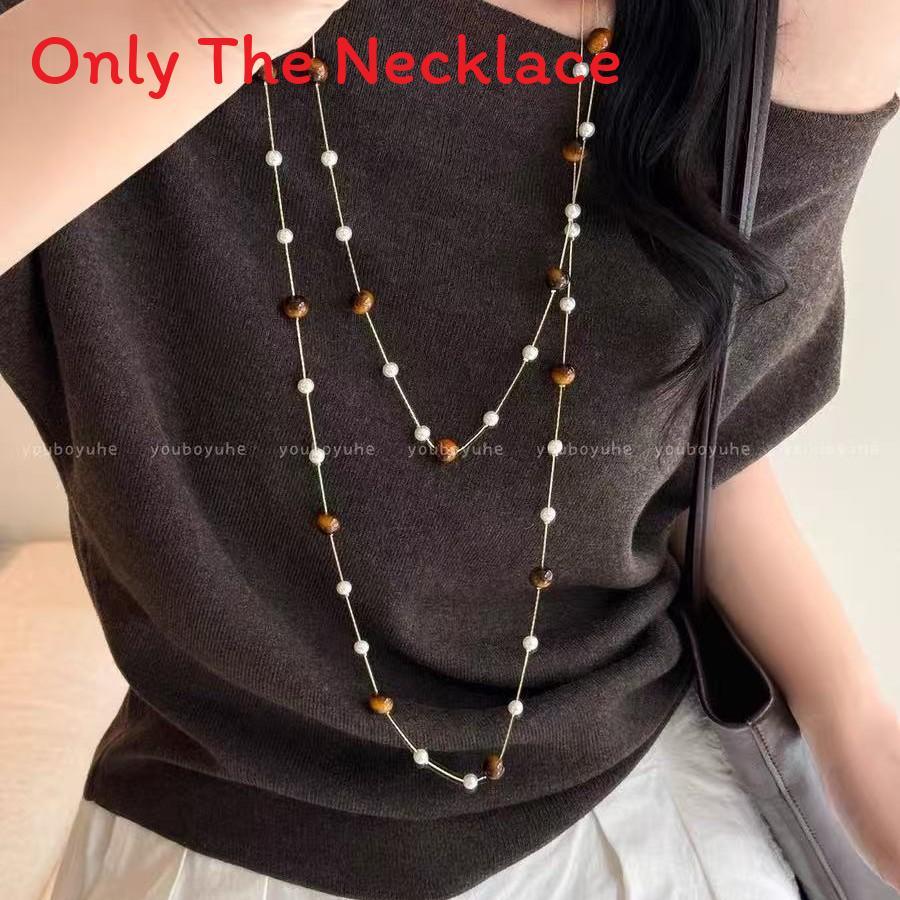 Tiger Eye Stone Multilayer Geometric Necklace With Beaded Chain For Women And Men