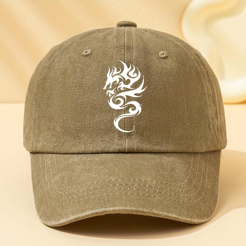 Unisex Washed Vintage Classic Baseball Cap Dragon Totem Print Curved Brim Trucker Hat хаки
