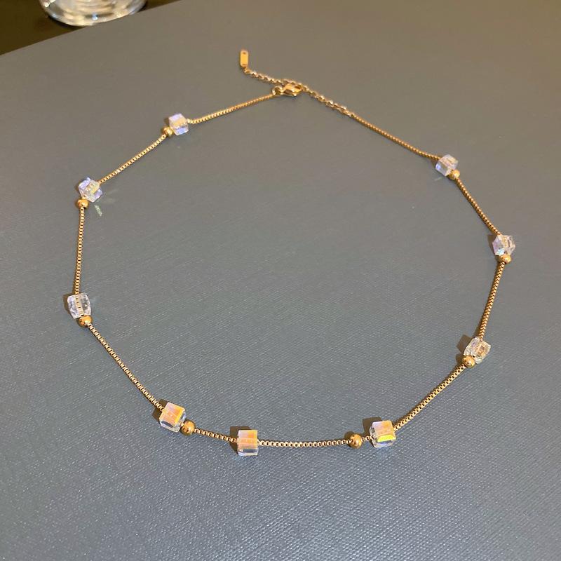 High-End Crystal Cube Clavicle Necklace – Trendy Titanium Steel Fashion for Women