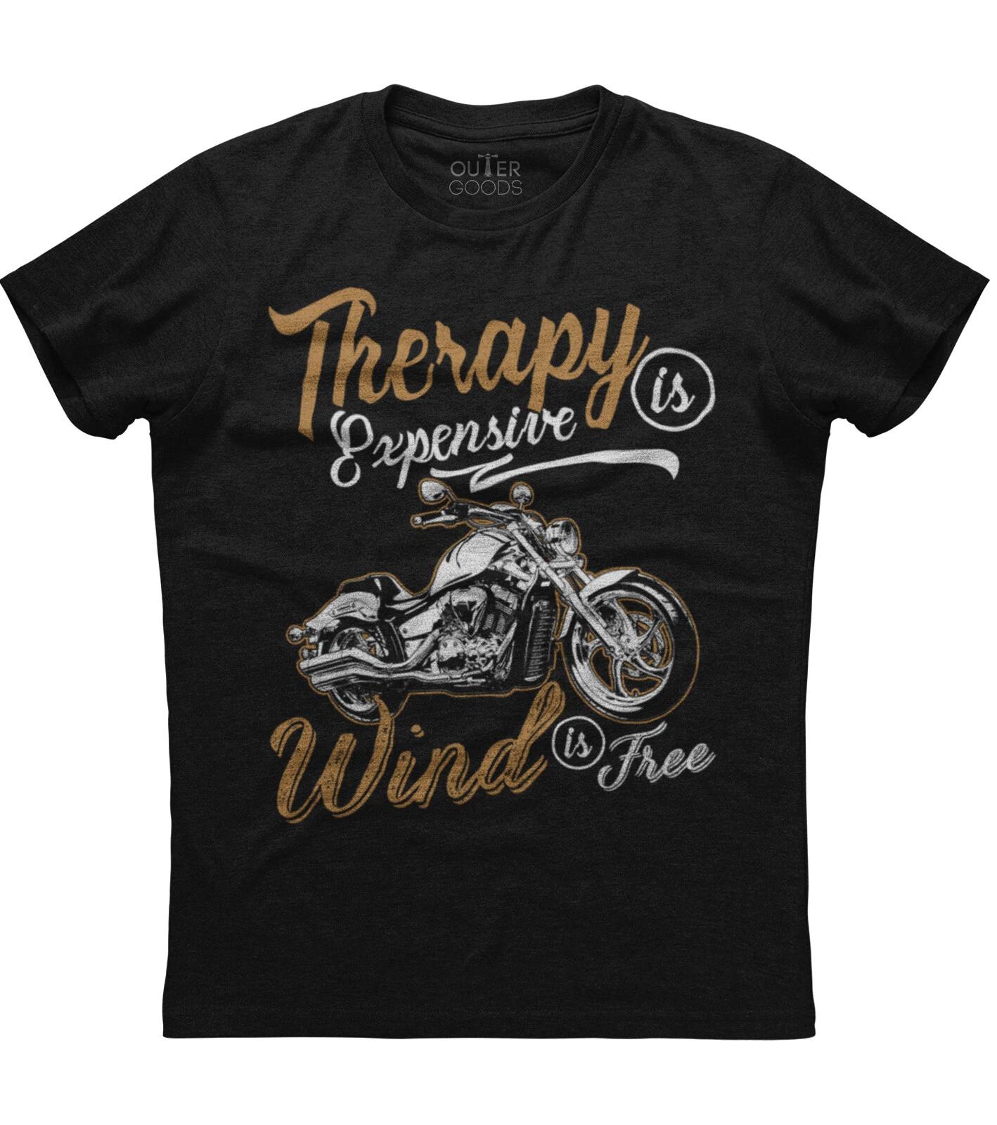 Therapy Is Expensive Wind Is Free Biker Mens Short Sleeve Cotton Black T-shirt L