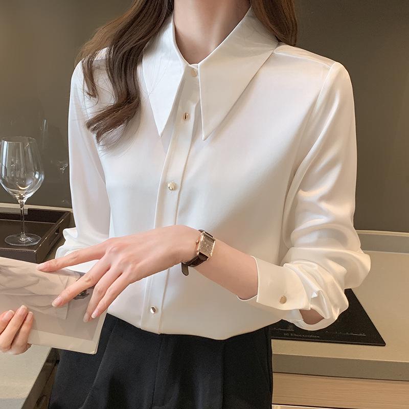 Women's Fashionable Purple Satin Long-Sleeve Shirt for Early Spring - Chic & Stylish OL Commute Wear.