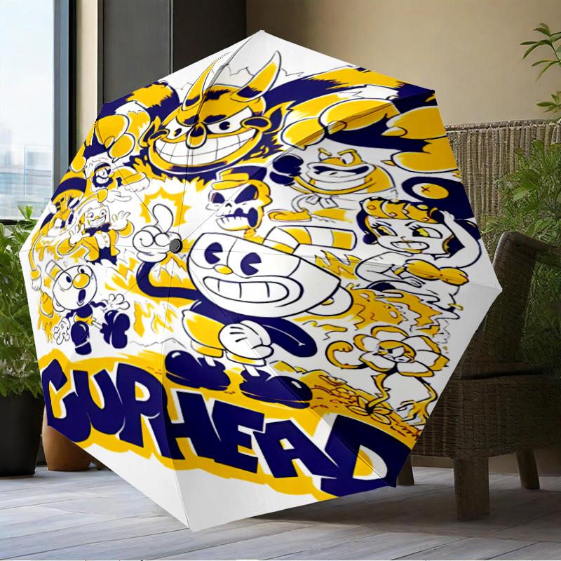 Adventure In The Cup-head Umbrella Folding Umbrella, Automatic Umbrella 8-Frame for Travel, Camping Use Gift for Halloween Christmas