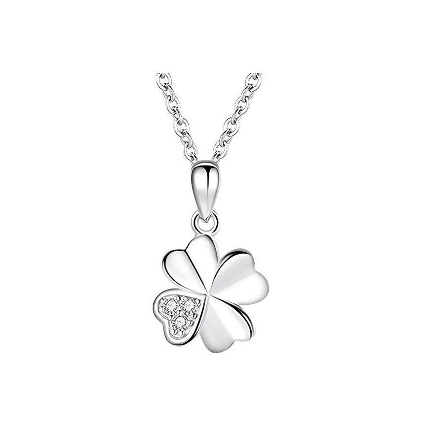 French Four-Leaf Clover Zircon Pendant Necklace - Elegant White Copper Clavicle Chain Jewelry.