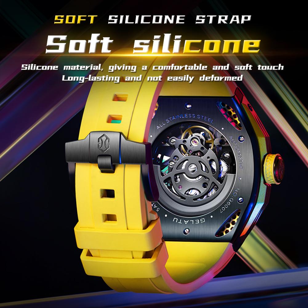 GELATU 6007 Skeleton Automatic Watches for Men Fashion Silicone Strap Hollow Waterproof Luminous Men's Mechanical Wristwatches