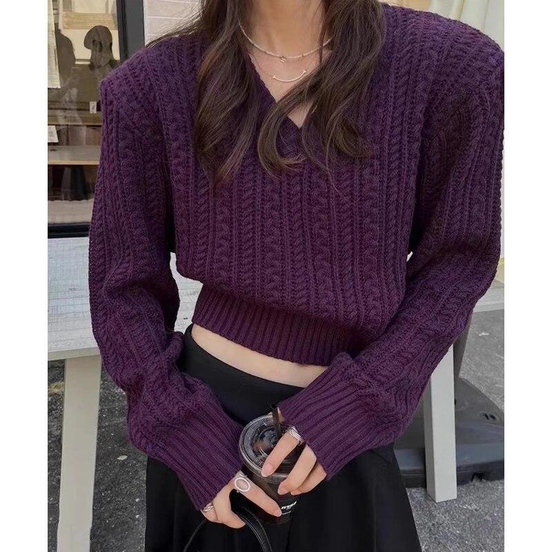 Herbst Gestrickte Twist Pullover Koreanische Mode V-ausschnitt Frauen Abgeschnitten Pullover Casual Pullover Schulter Gepolsterte Langarm Tops 28836