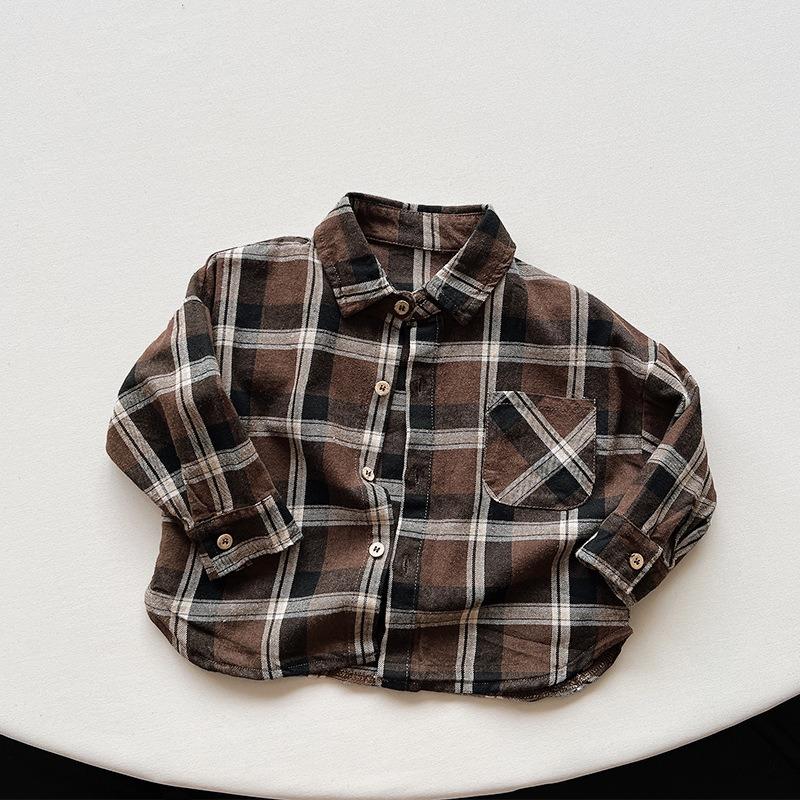 Kids Korean Style Retro Long Sleeve Plaid Shirt For Boys And Girls
