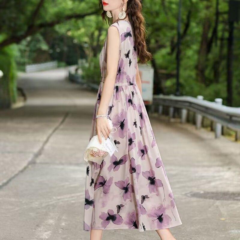 New Summer Floral Cotton-Silk Sleeveless Dress - Plus Size, Loose Fit, Slimming, Vacation Style Mom’s Long Dress