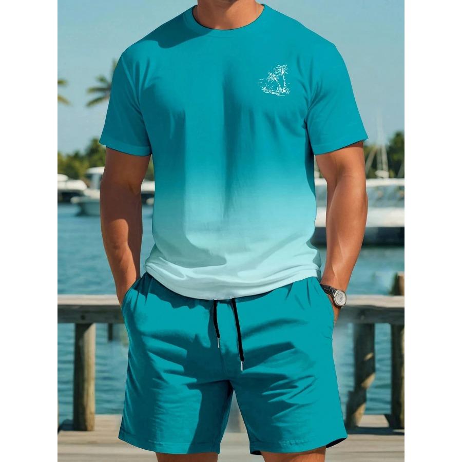 

Gradient Color Short Sleeve Tee and Shorts Set Fashion Hawaiian Vacation T-shirt Drawstring Shorts 2-piece Set Men s Clothing 6XL