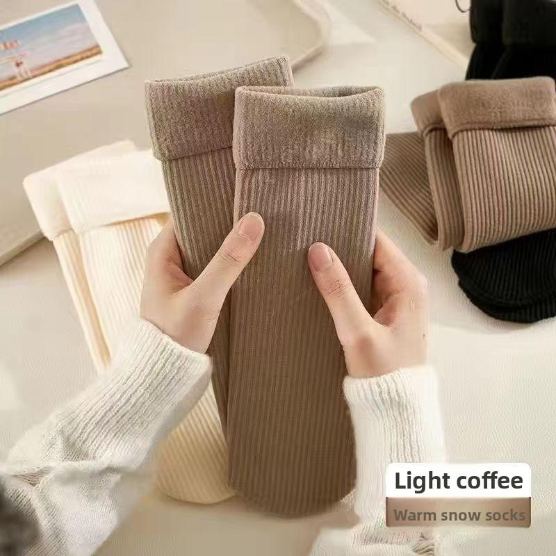 5-1 Pairs Ladies' Autumn and Winter Thick Warm Floor Socks, Plus Size Vertical Stripe Snow Socks, Tube Style Fleece Lined Warm Socks