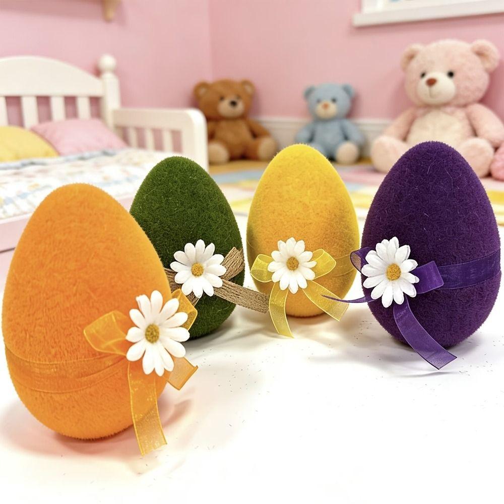 Colorful Large Plush Egg with Flower Bow Easter Egg Ornaments Flocked Easter Eggs  Easter Egg Hunt