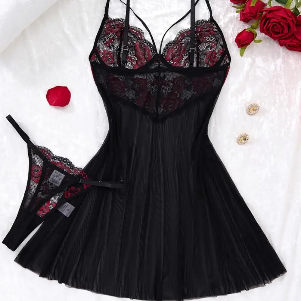 Gothic Lace Mesh Slip Dress – Sexy Halloween Lingerie, Women’s Seductive Nightgown