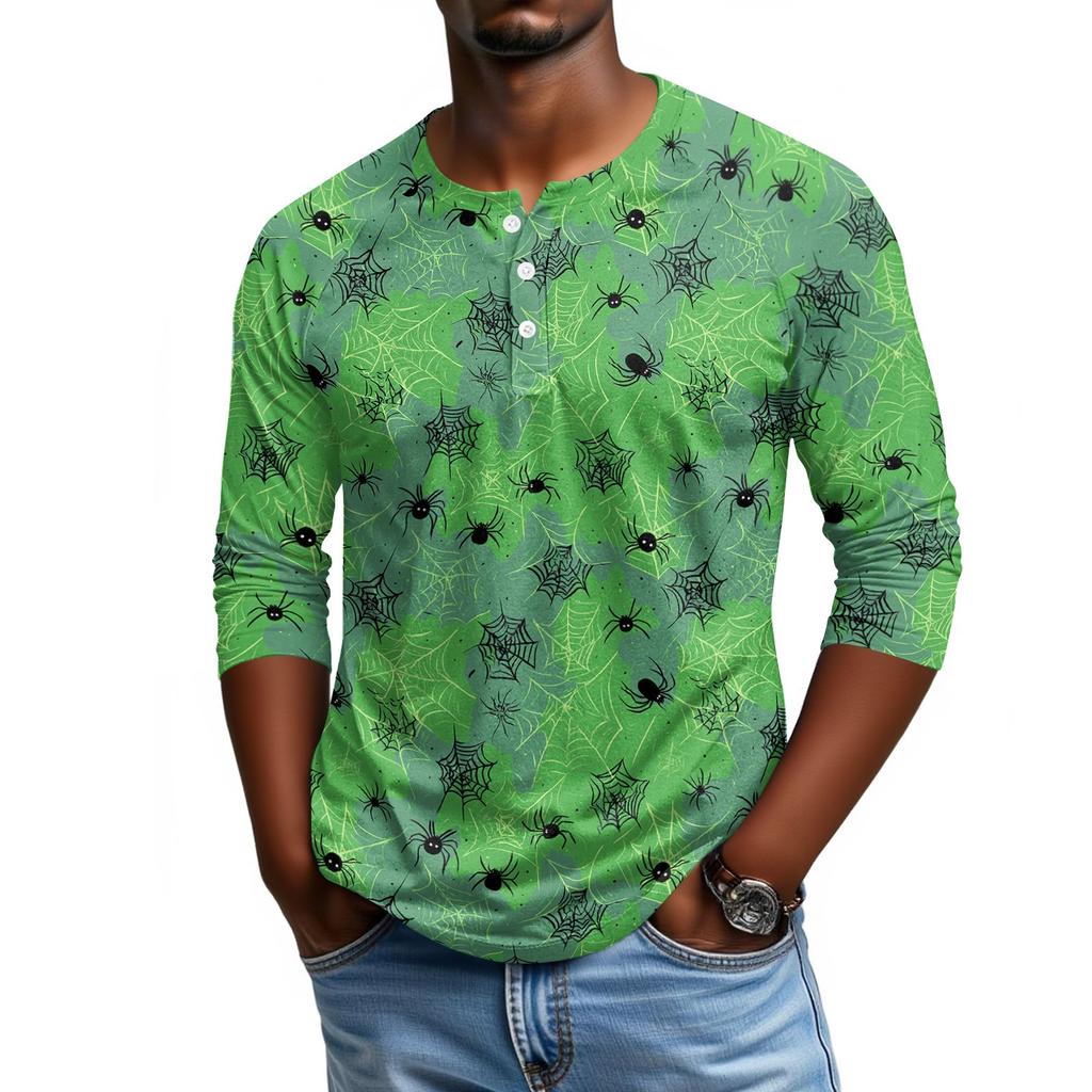 Men's Casual Halloween Print Henley Shirt Raglan Three Quarter Sleeve Top Comfortable Fit Lightweight Fabric