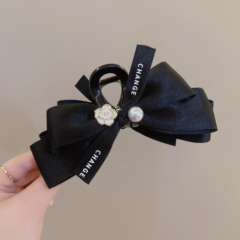 Xiaoxiangfeng Mountain Camellia Butterfly Knot Gripper Black Silk Pearl Hair Gripper Light Luxury Luxury High End Hairband Shark