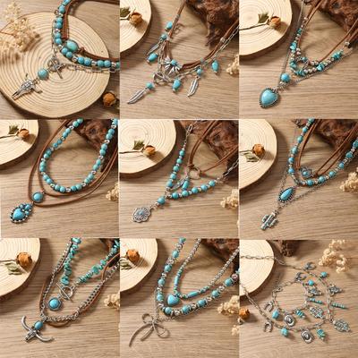 Schmuck Retro Imitation Türkis Schlüsselbein Kette Nische Ethnisch Wind Blatt Liebe Kuhkopf Eingelegt mit Türkis Mehrschichtig