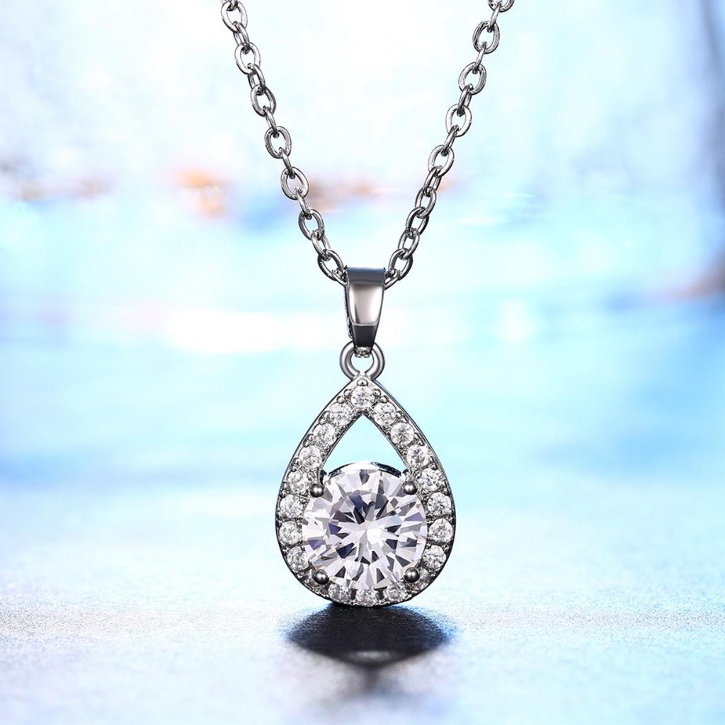 Teardrop Halo Pendant Necklace Brilliant Round Center Stone Elegant Sparkling Jewelry for Women