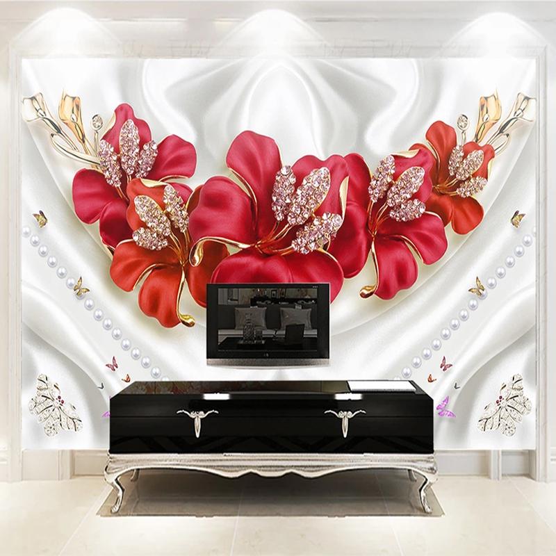 

Custom Mural Wallpaper Wall Art 3D European Style Red Flower Diamond Jewelry Living Room TV Background Decor Wallpaper Murals 200 cm(W) x 140 cm(H)