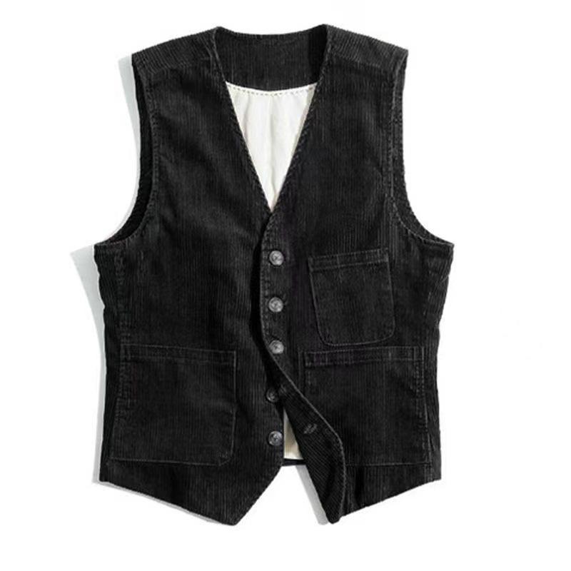 Men's Corduroy Patchwork Vest - Spring/Autumn Single-Breasted Solid Color Jacket