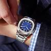 Jin Shidun Men's Luminous Quartz Skeleton Watch with Steel Band and Date Display.