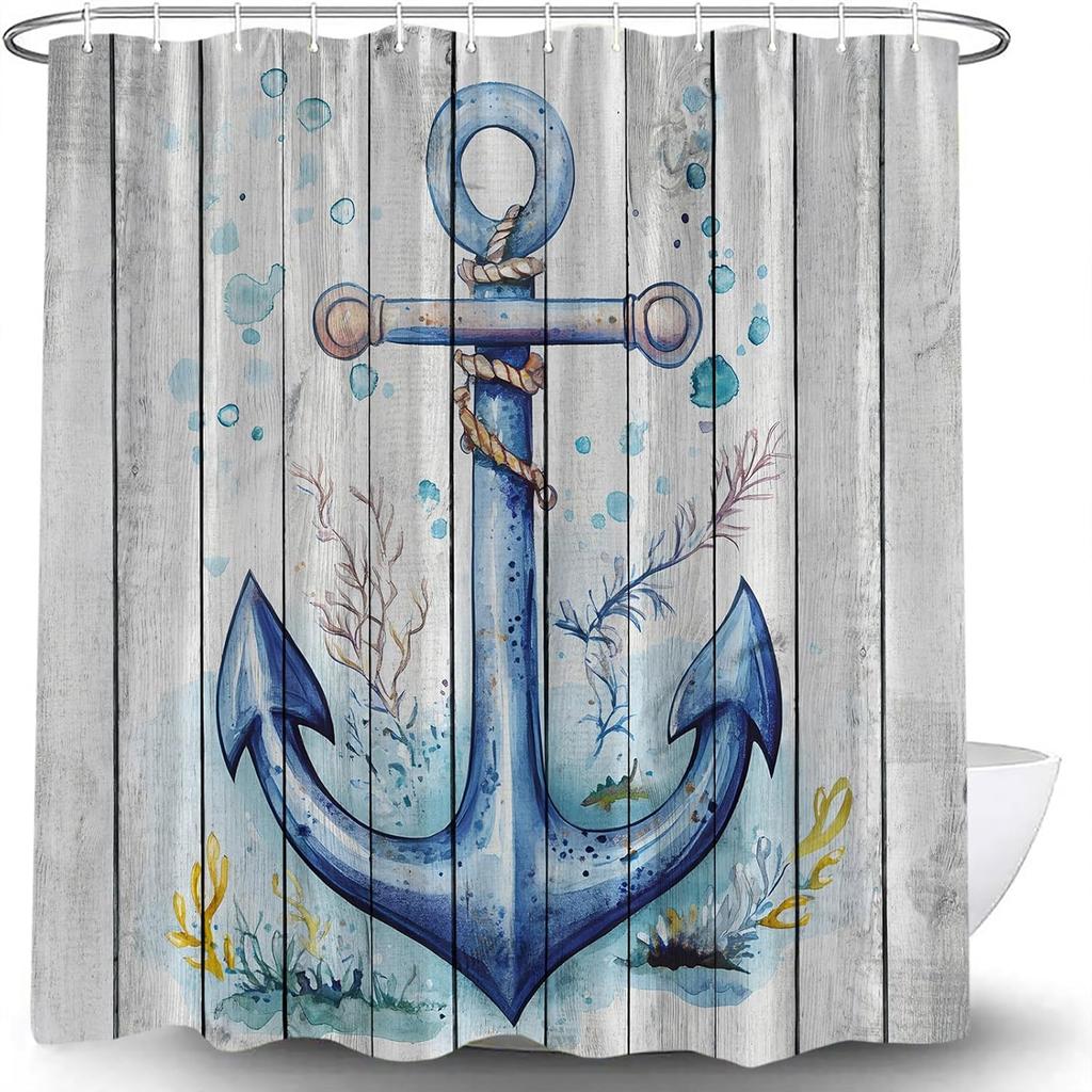 Nautical Anchor Shower Curtain Ocean Coastal Vintage Wooden Board Seaweeds Retro Sea Blue Marine Rustic Bath Curtain with Hooks
