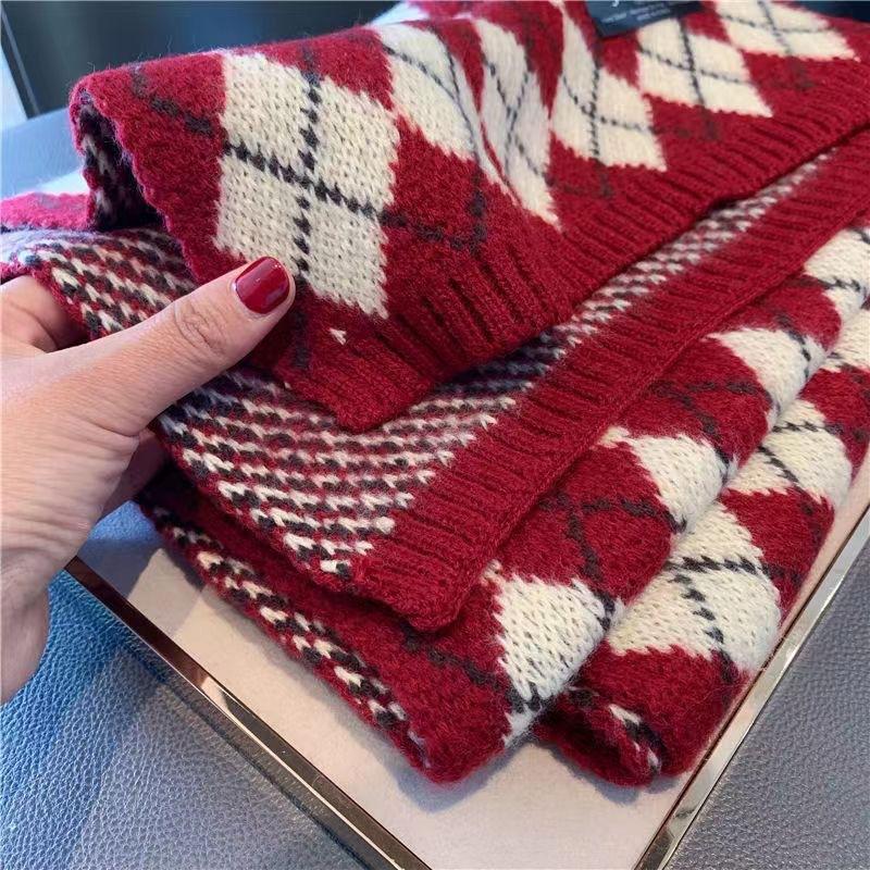 New Year's Christmas Red Scarf Women's Autumn and Winter Atmosphere Knitted Rhombus Plaid Wool Scarf Korean Warm Shawl