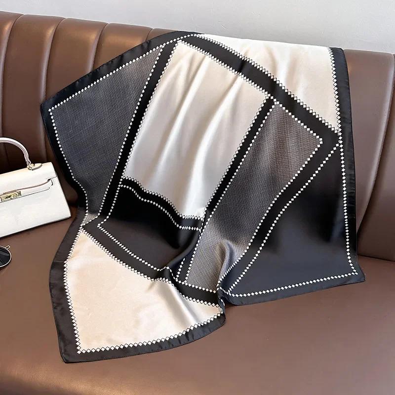 

Luxury Design Geometry Print Silk Square Scarf Women Soft Satin Headscarf Handle Bag Ribbon Head Hijab Female Headband Kerchief 70x70cm