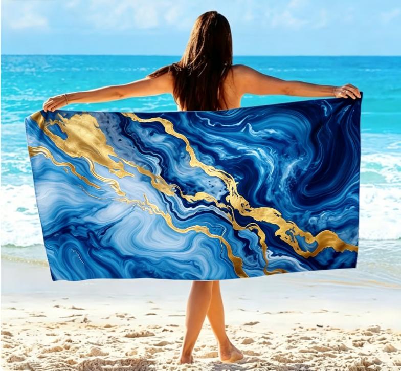 Marble Swirl Beach Towel, Microfiber Large Sand Free Quick Dry, Black White Gold Abstract Design, Soft Absorbent Towels Bathroom