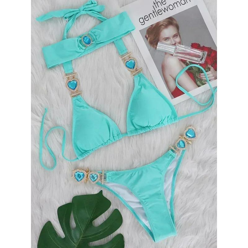 

2025 Блискуче стразове діамантове бікіні Жіночий купальник Жіночий купальний костюм Комплект бікіні з двох частин Халтер Металеві ланцюжки Купальний костюм S