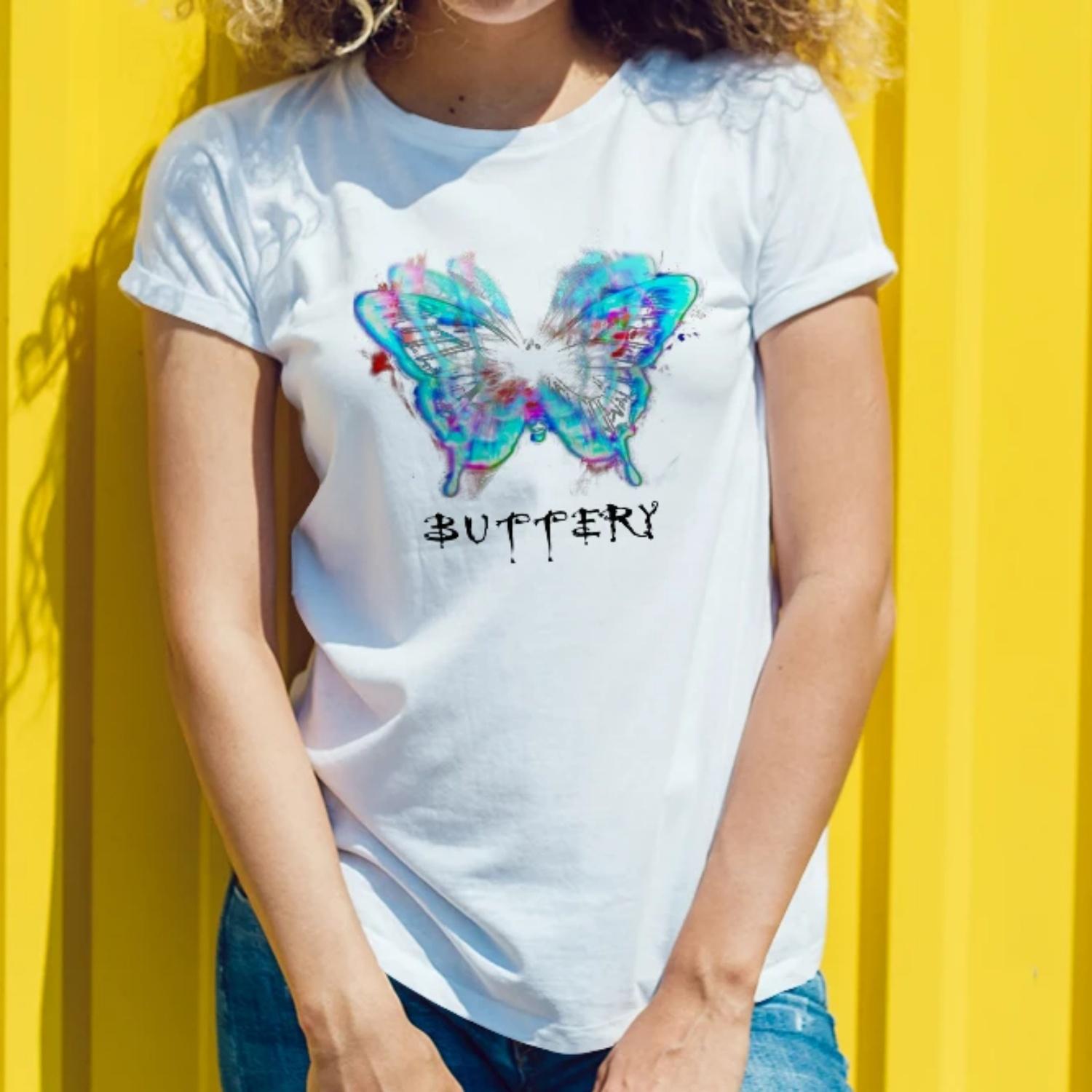 Women s round neck butterfly and letter print fashionable personality spring and summer T-shirt S