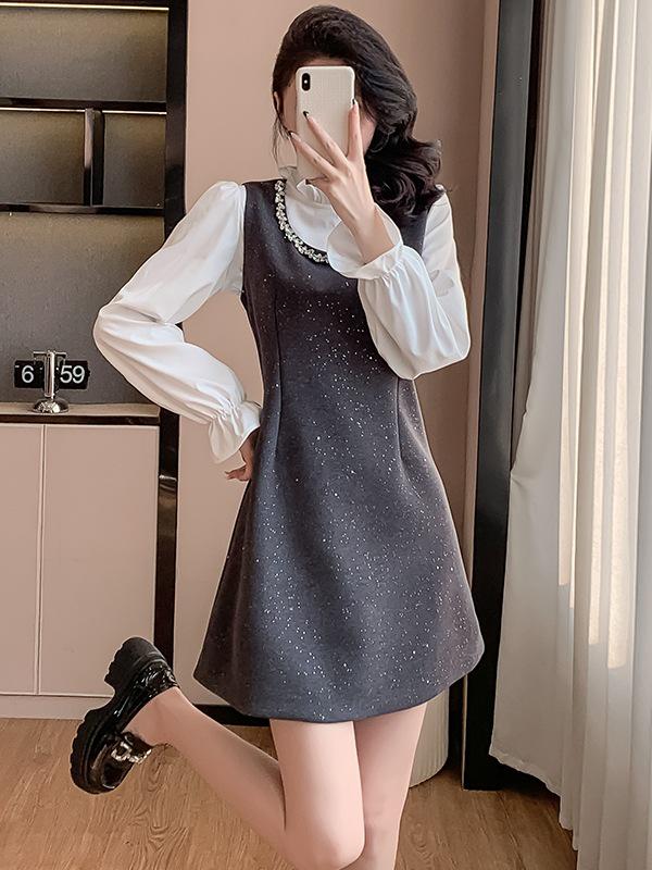 

Elegant Women s Spring Two-Piece Set: Shiny Vest Dress with Spliced Lace Collar Shirt Medium