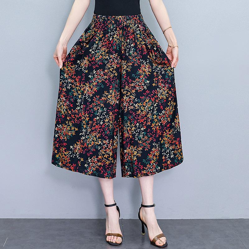 Letní kalhoty se širokými nohavicemi pro ženy Elegantní nadměrné velikosti Ležérní Elastický pas Sukňové kalhoty Vintage oblečení