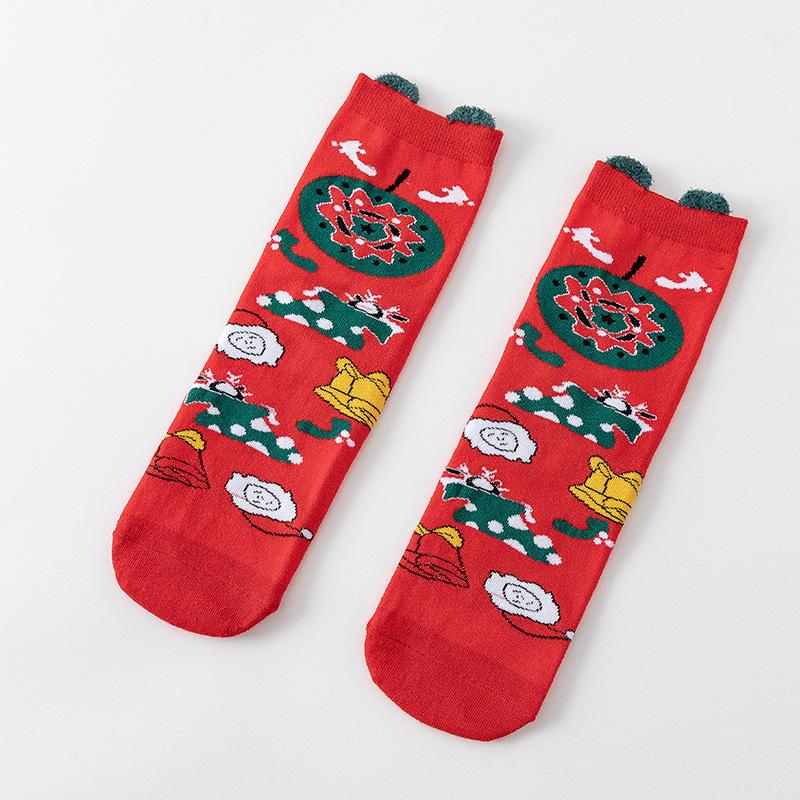Cute Elk Cartoon Socks with 3D Ears – Red, Cotton for Autumn & Winter, Japanese Style, Perfect for Christmas