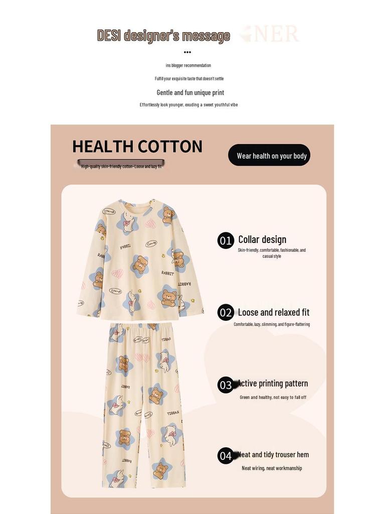 Niedlicher Cartoon-Pyjama für Damen: Reine Baumwolle, Langarm, Rundhalsausschnitt-Pullover, Frühling/Herbst