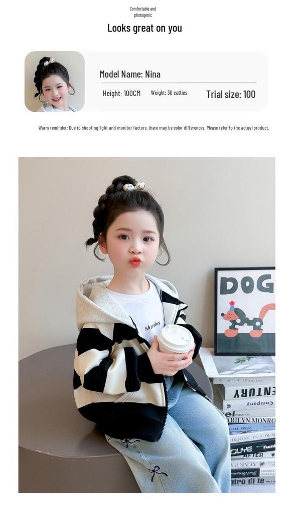 Girls' Striped Hooded Cardigan – 2026 Spring Collection Black & White Cartoon Sweatshirt Jacket