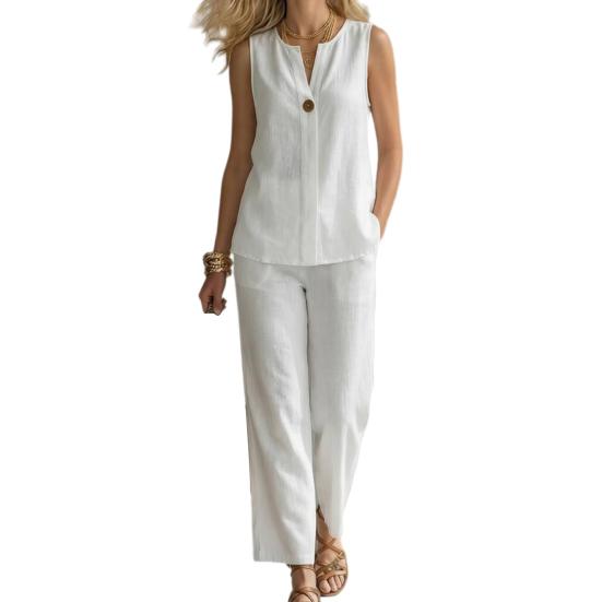 Completi da Donna in Cotone e Lino a 2 Pezzi, Top a Canotta Senza Maniche con Scollo a V e Pantaloni a Gamba Larga, Outfit Casual da Casa con Tasche
