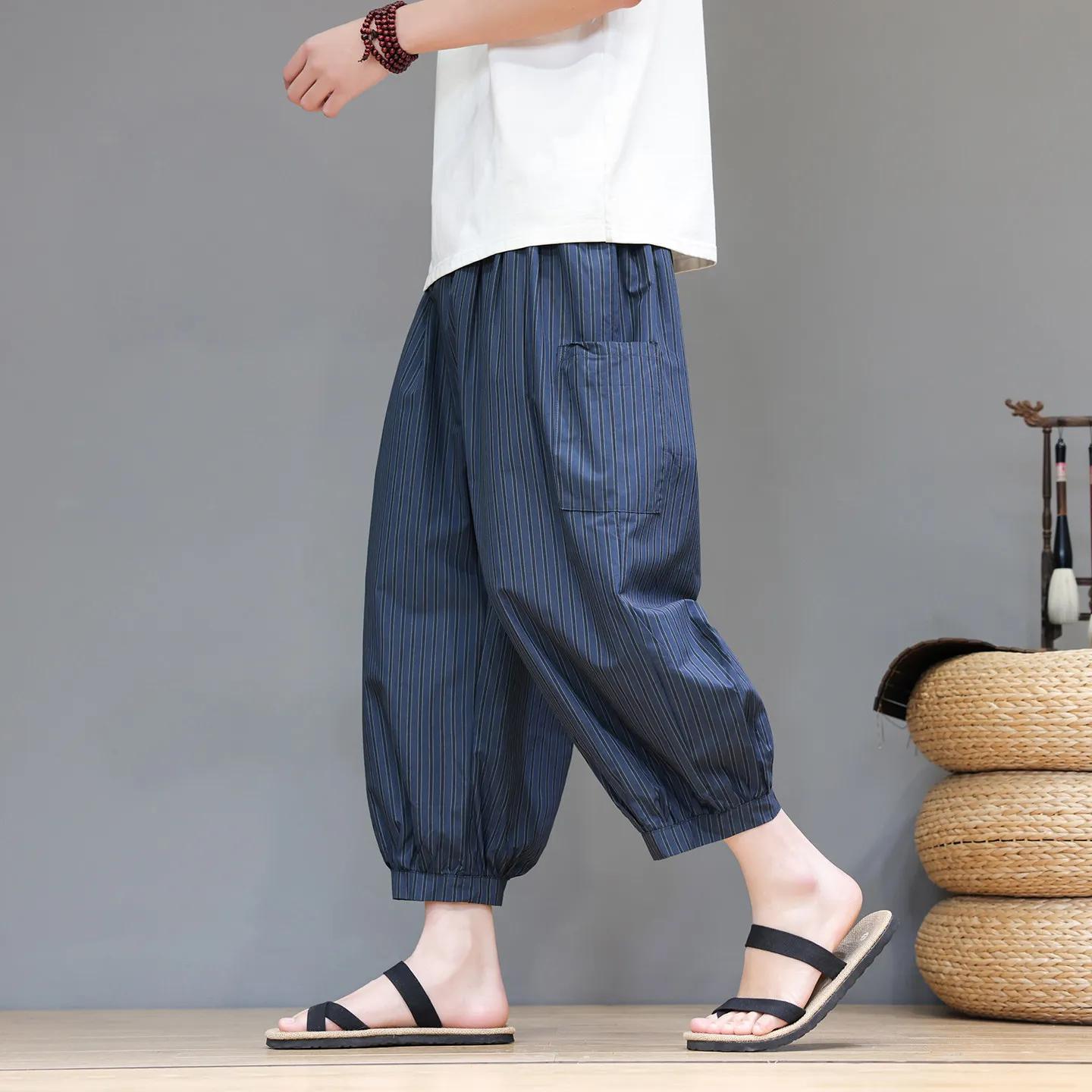 

Summer Men Cotton Chinese Style Calf Lenght Pants Men Breathable Lightweight Trousers Man Loose Daily Casual Striped Bottom 3XL Темно-синій