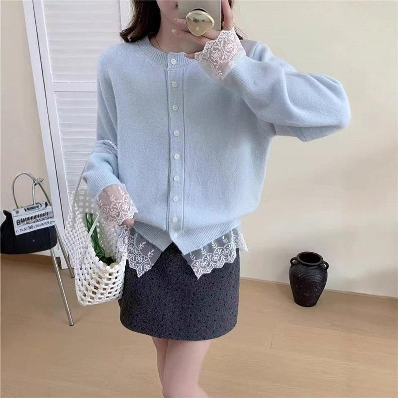 Autumn New Knitted Sweater Fashionable Versatile Splicing Lace Top Lace-up Design Cardigan Jacket Women