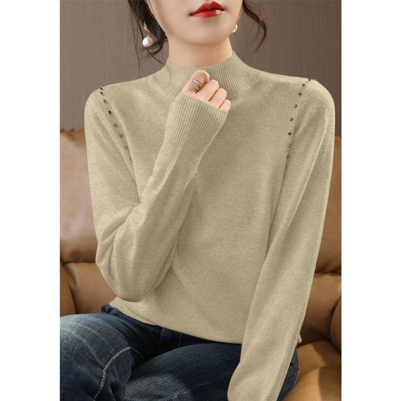 

Spring 2025 Half-high Collar Beads Design Knit Women Fashion New Long sleeve Loose Sweater Base Top Milk apricot M([Recommended 50.00 kg-55.00 kg]])