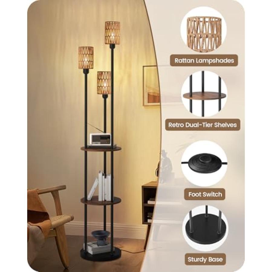 Boho Floor Lamp with Shelves and Foot Switch 3-Light Standing Lamp in Rustic Brown and Yellow for Living Room Bedroom Study