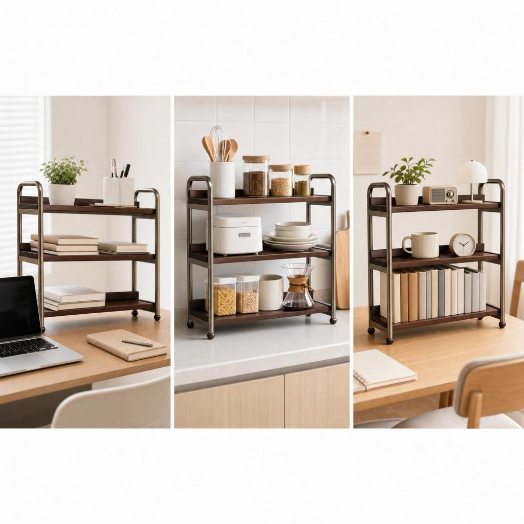 Three-Tier Storage Shelf Freestanding Desktop Organizer with Metal Frame