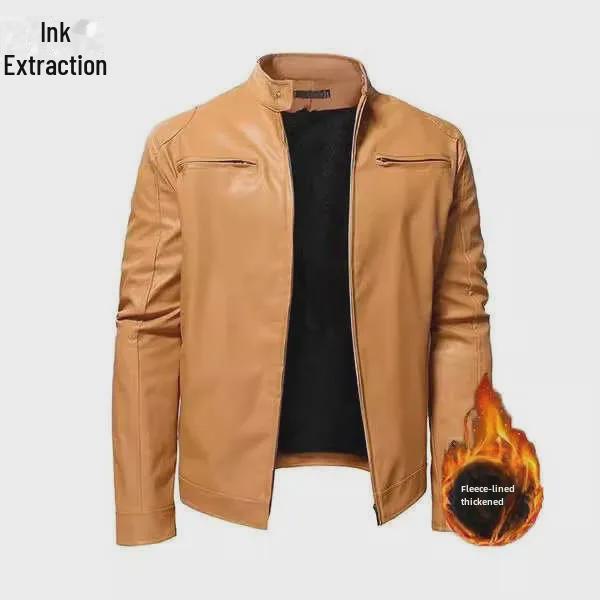 Men's Winter Slim-Fit Stand Collar PU Leather Motorcycle Jacket with Velvet Lining